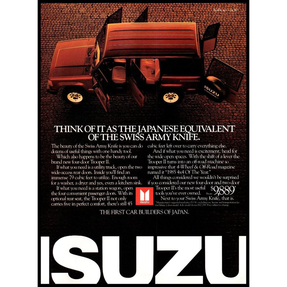 1986 Isuzu Trooper II 4 Door SUV Vintage Print Ad Cobblestone Wall Art Photo